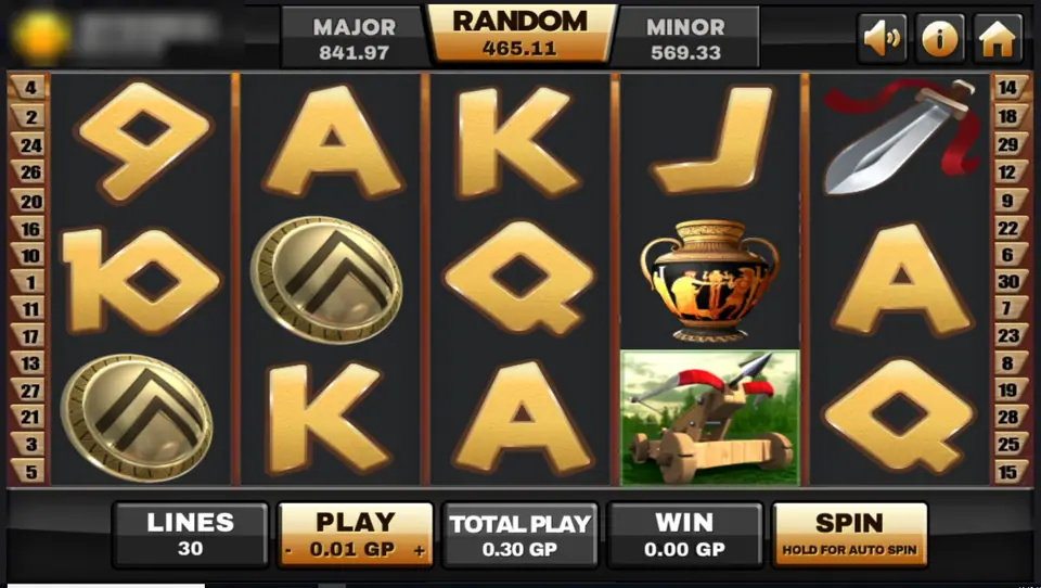 Sparta slot on Joker123 with gold card letters, a round Spartan shield, a painted Greek vase, a sword and a catapult on dark reels, 30 line markers