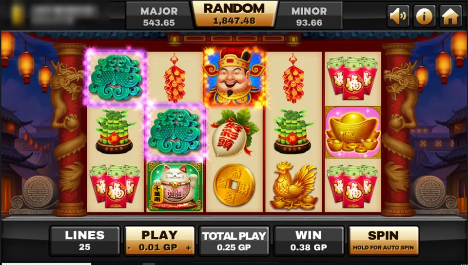 Supreme Caishen reels on Joker123 with the smiling God of Wealth, jade ornaments, firecrackers, red packets, a gold ingot, a lucky cat and a golden rooster between dragon pillars