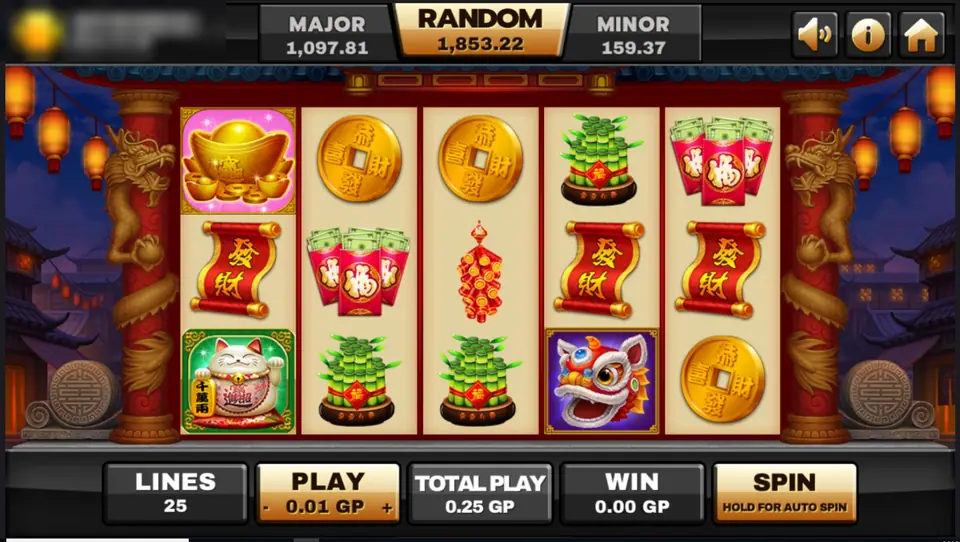 Supreme Caishen reels with a gold ingot, gold coins, a lion dance head, lucky bamboo and red packets