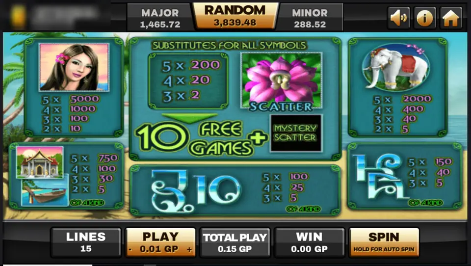 Thai Paradise paytable: woman pays up to 5000, elephant 2000, temple and boat 750, lotus scatter, 10 free games plus mystery scatter