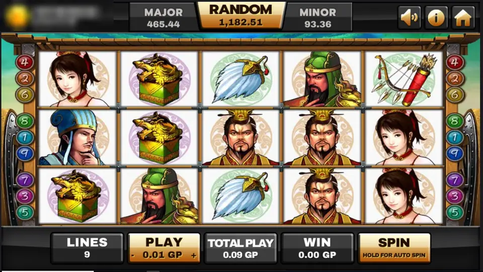 Three Kingdoms slot on Joker123 with portraits of generals, a woman in a hair ornament, a gold dragon box, a feather fan and a bow on five reels
