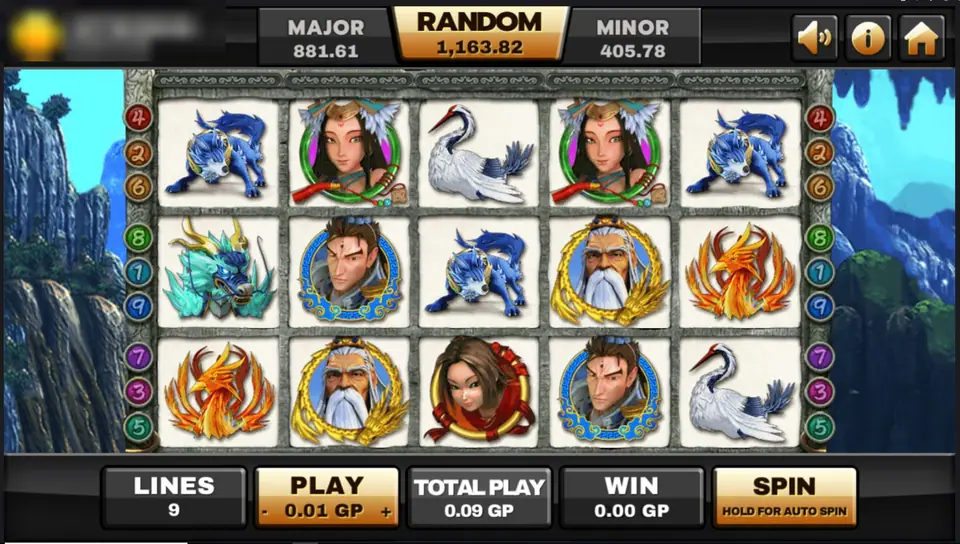 Thun Ten God reels on Joker123 with a white-bearded sage, warriors, a phoenix, a white crane and blue dragon-like beasts in front of misty cliffs