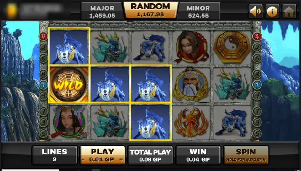 Thun Ten God win with the bagua WILD tile and three blue wolf-like beasts framed in yellow, 0.04 GP win