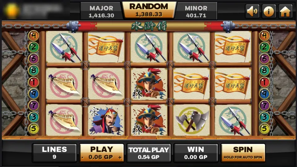 Water Margin reels on Joker123 in a wooden frame with a hall plaque, a yellow banner, portraits of outlaw heroes and crossed axes, the Chinese title at the top