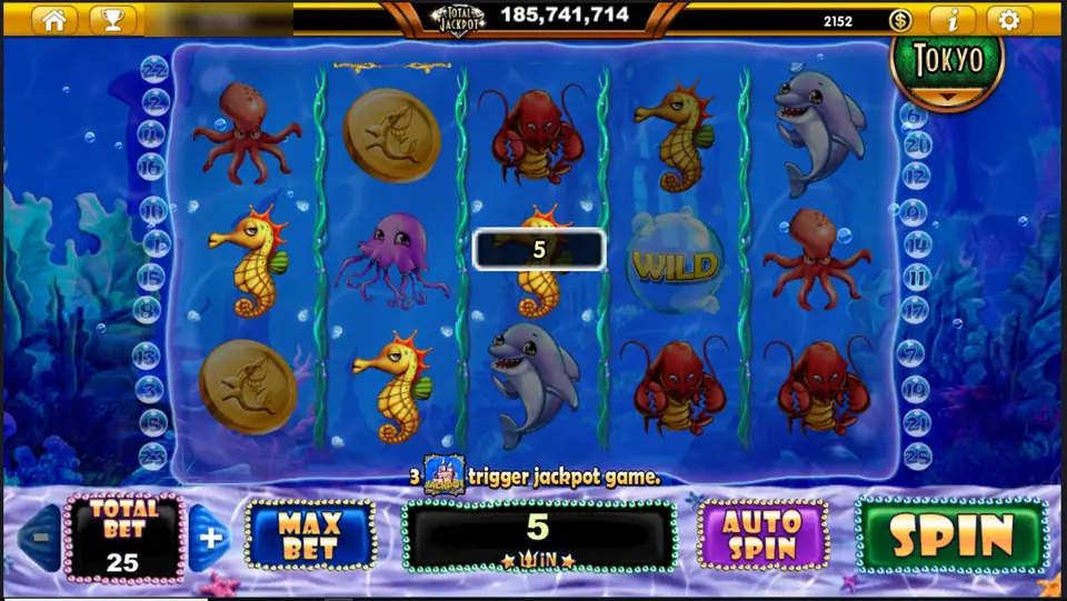Ocean Trouble reels with seahorses, a gold shark coin, dolphins, a bubble WILD and red lobsters, a win of 5 shown on the middle reel