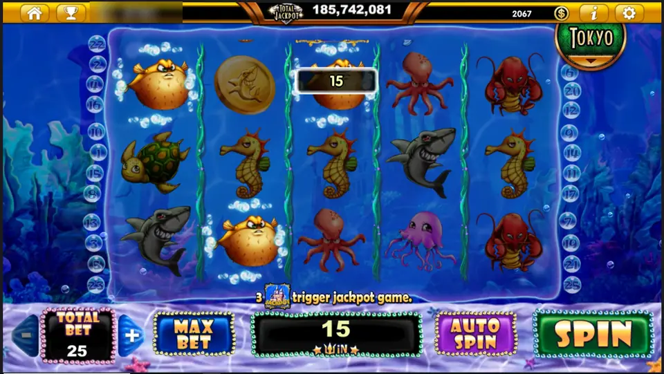 Ocean Trouble with two puffer fish, grey sharks and octopuses on the reels and a win of 15 at a total bet of 25