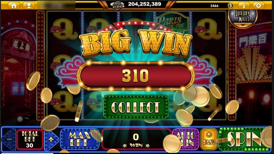 Paris of the East Big Win screen showing 310 above a green COLLECT button, with gold coins falling over the reels and a bet of 30