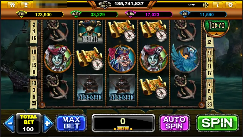 Phantom Island slot with a zombie pirate woman, a pirate captain, a blue parrot, treasure maps, anchors, a skull WILD and two ghost-ship FREE SPIN symbols