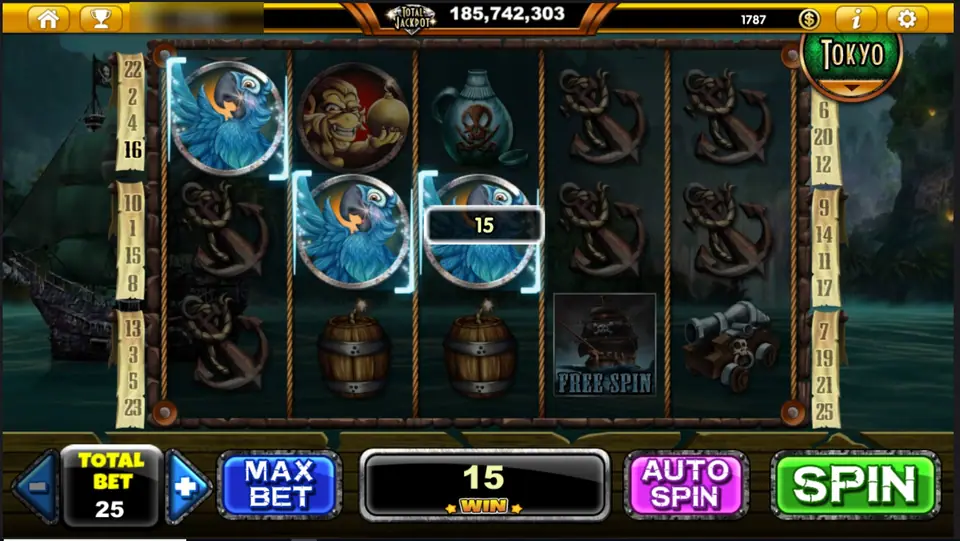 Phantom Island win of 15 with three blue parrots lined up across the first three reels, anchors and powder barrels below