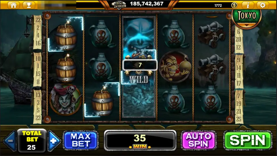 Phantom Island with a ghostly skull WILD covering the whole middle reel and a win of 35