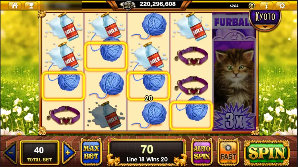 Pop Kittens with yarn-ball wins on line 18 and a full-height Furball kitten with a 3x badge on the last reel, total 70