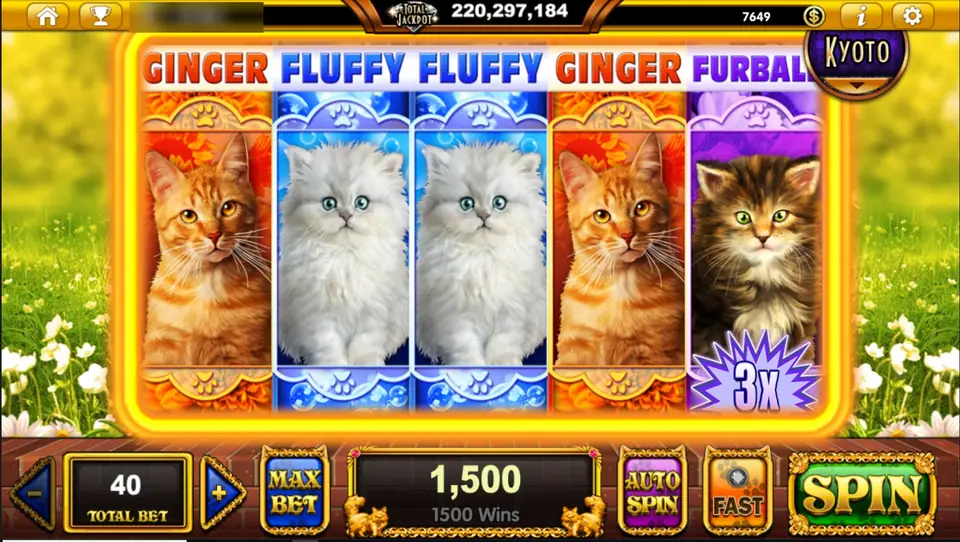 Pop Kittens reels filled edge to edge with five full-height kittens labelled GINGER, FLUFFY, FLUFFY, GINGER and FURBALL, a 3x badge on the last one and 1,500 in the win box
