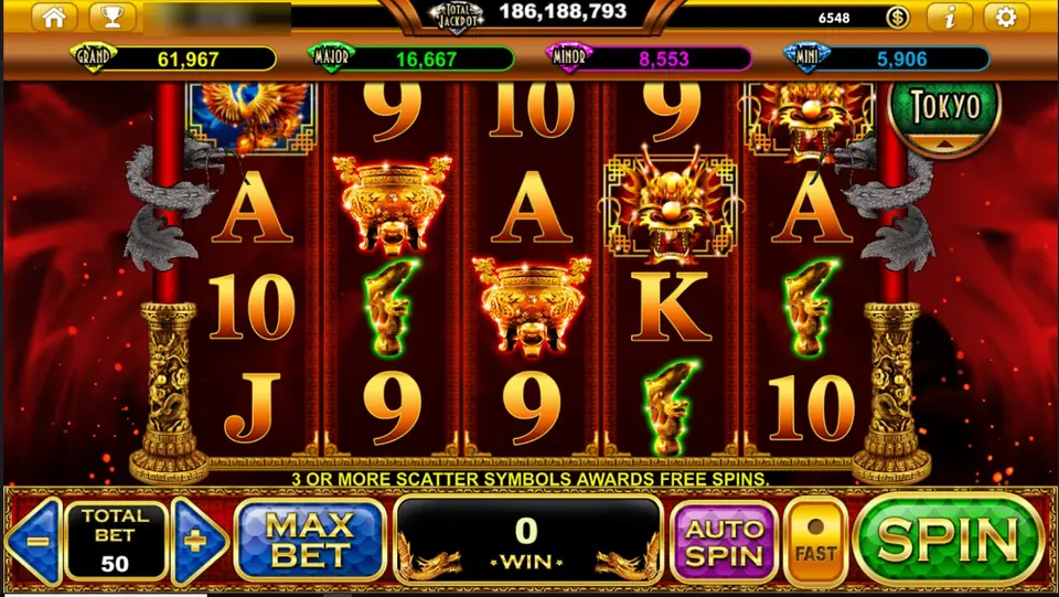 Resurrection Dragons slot with a phoenix, a golden dragon head, bronze incense burners and green dragon figurines among gold card symbols, between two golden pillars