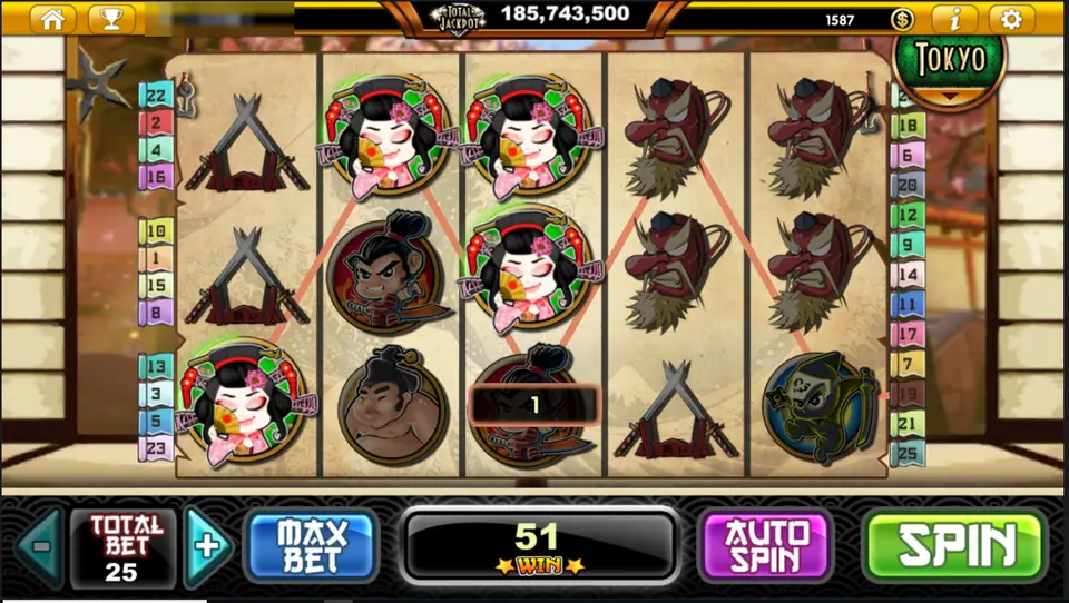 Samurai Heroes win of 51 with the geisha across the first three reels, red tengu masks on reels 4 and 5 and pink win lines