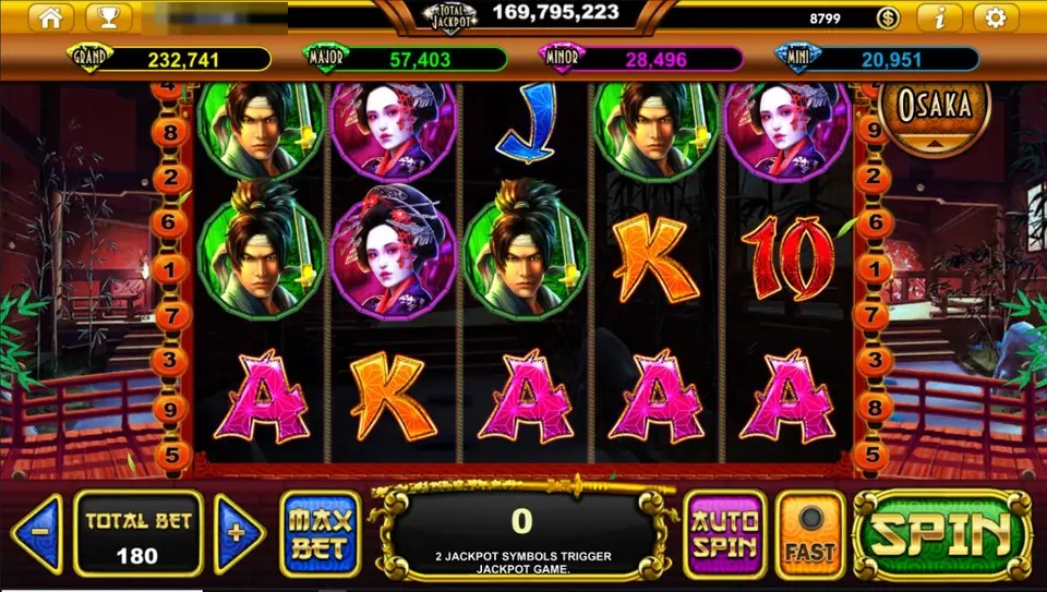 Samurai Sensei slot with a young swordsman and a geisha in round frames, pink A symbols on the bottom row and red lantern line markers on both sides