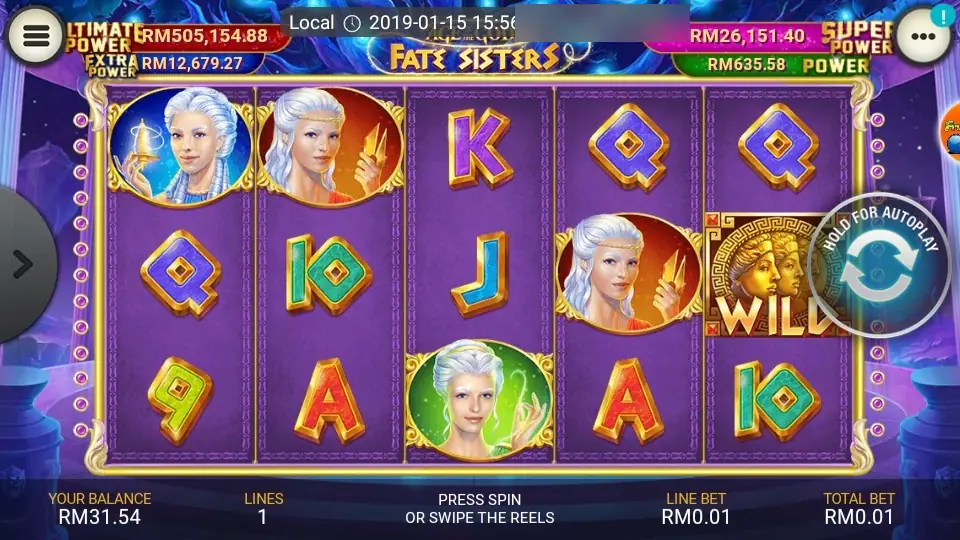 Fate Sisters reels with a gold WILD tile of three faces on reel four and several Fate portraits