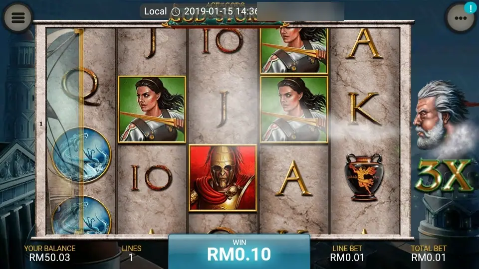 Storm god beside a 3X multiplier, with warrior woman and Spartan symbols on the reels