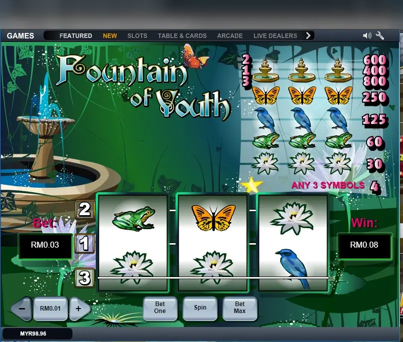 Fountain of Youth with a frog, butterfly and lily on the top row and a RM0.08 win in the Win box