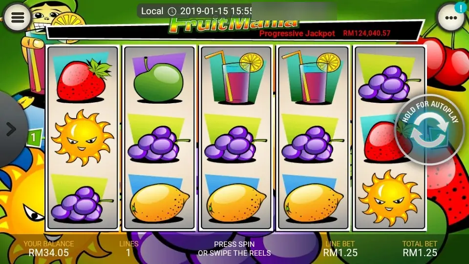 Fruit Mania reels with two cocktail glasses on reels three and four, a row of grapes across the middle and lemons along the bottom