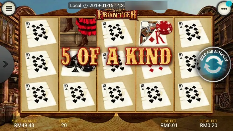 Heart of the Frontier with 5 OF A KIND written in large western letters across the reels, which are covered in 10 of spades cards