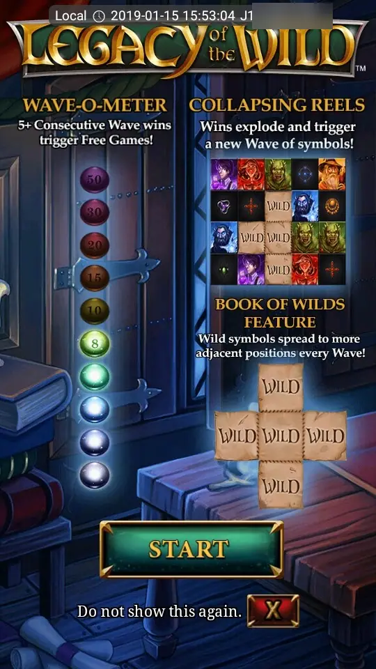 Legacy of the Wild intro screen explaining the Wave-o-Meter, Collapsing Reels and Book of Wilds feature, with a green START button