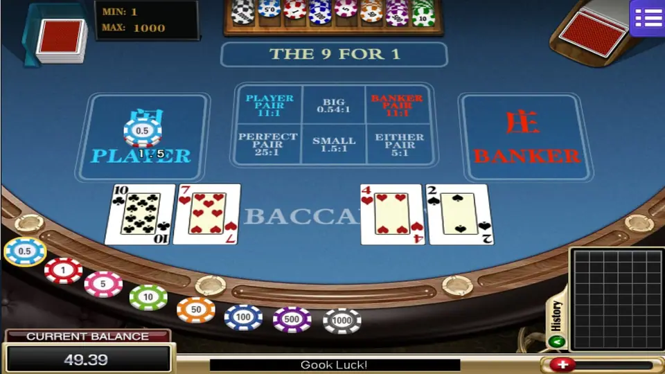 Baccarat round in progress with a 10 and a 7 on the Player side, a 4 and a 2 on the Banker side and the balance at 49.39