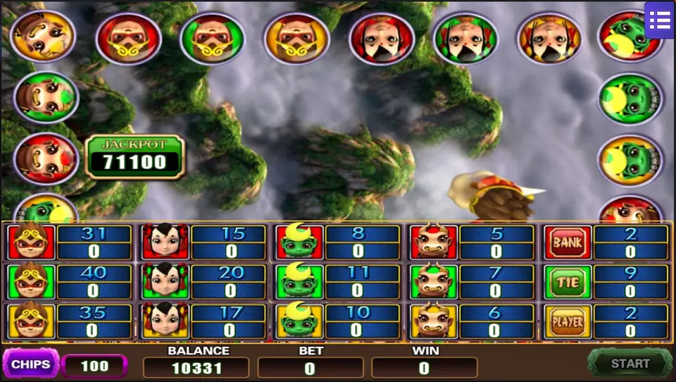 Battle World betting board with twelve character boxes showing odds such as 31, 40 and 35, Bank, Tie and Player boxes, a ring of round character tokens and a jackpot of 71100