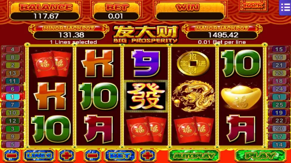 Big Prosperity reels with red packets, a gold coin, a gold dragon, a 發 tile and a gold ingot, set to 1 line at 0.01 per line