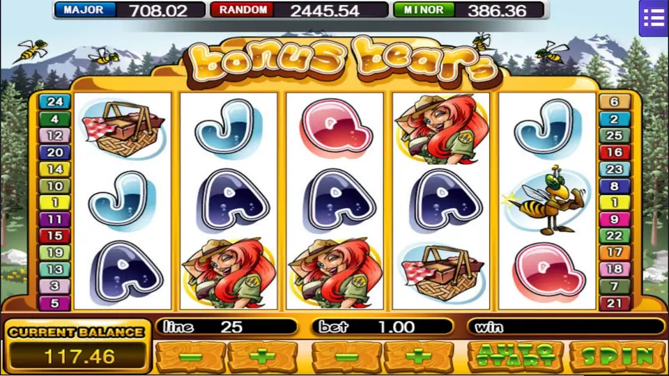 Bonus Bears slot with a picnic basket, a red-haired park ranger, a bee and bubble-letter card symbols, 25 lines, bet 1.00 and MAJOR, RANDOM and MINOR jackpots above