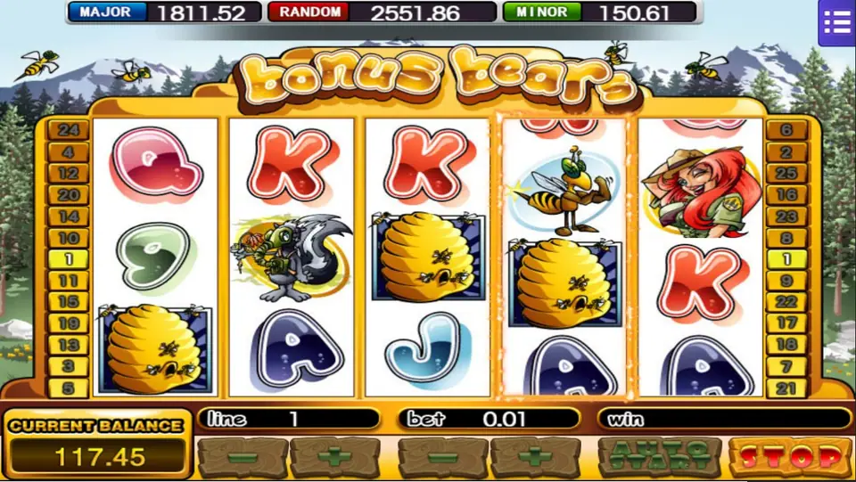 Bonus Bears reels with a skunk, a beehive, a bee and a park ranger, set to 1 line at 0.01