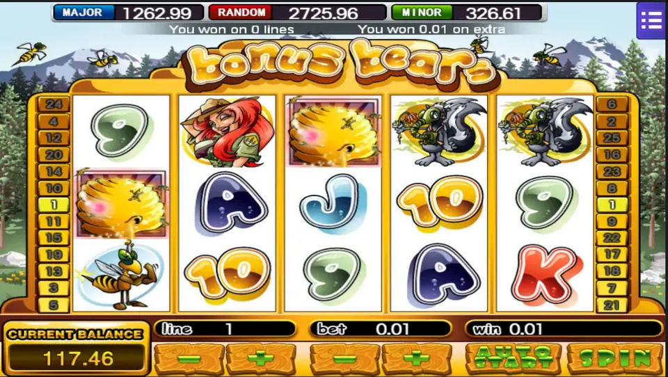 Bonus Bears after a spin with the message You won 0.01 on extra above the reels, and two beehives on the grid