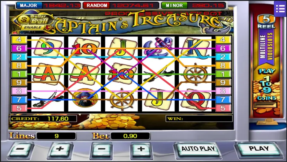Captain's Treasure slot with nine coloured paylines drawn across five reels of letters, an anchor, crossed swords, a ship's wheel and the captain, MAJOR, RANDOM and MINOR jackpot boxes and a bet of 0.90