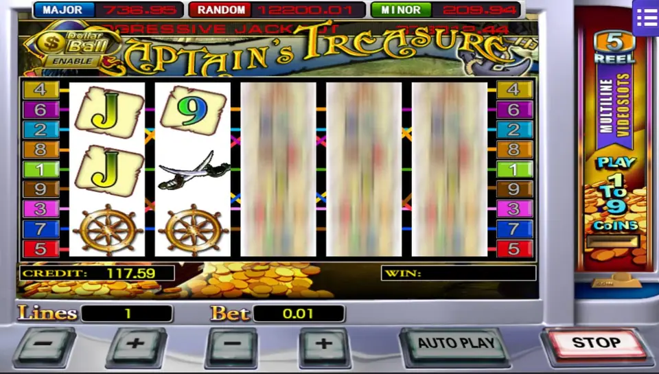 Captain's Treasure set to 1 line and a bet of 0.01, with the first two reels stopped and the other three still spinning, and a Stop button