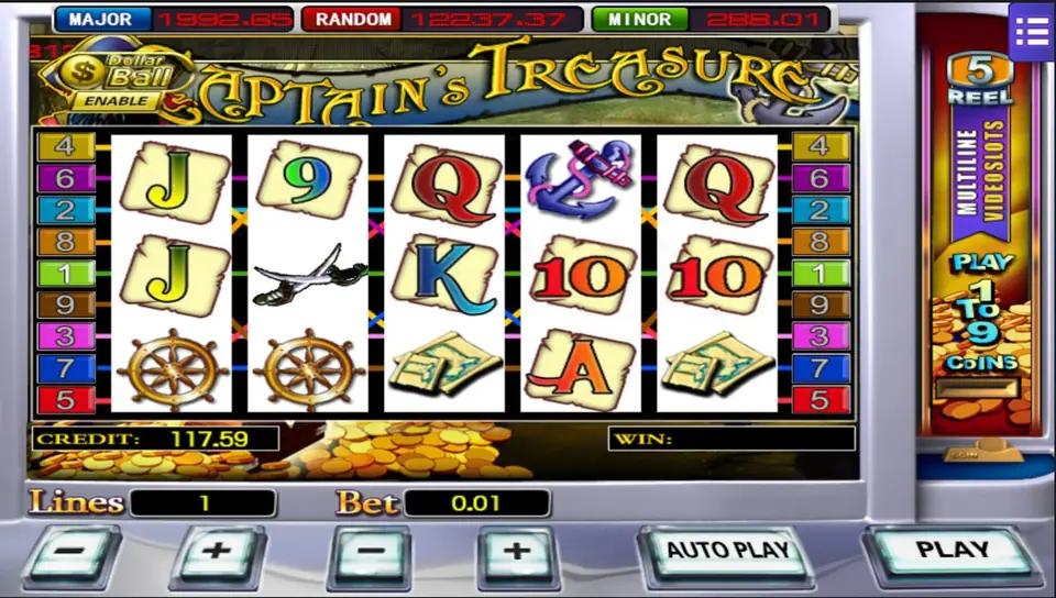 Captain's Treasure at rest on 1 line and 0.01, showing a jack, 9, queen, anchor and queen on the top row, ship's wheels and maps on the bottom row