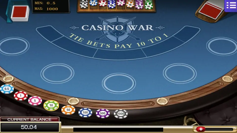 Empty Casino War table on Mega888 with Tie bets pay 10 to 1 printed on blue felt, five betting circles, chips from 0.5 to 1000 and a balance of 50.04