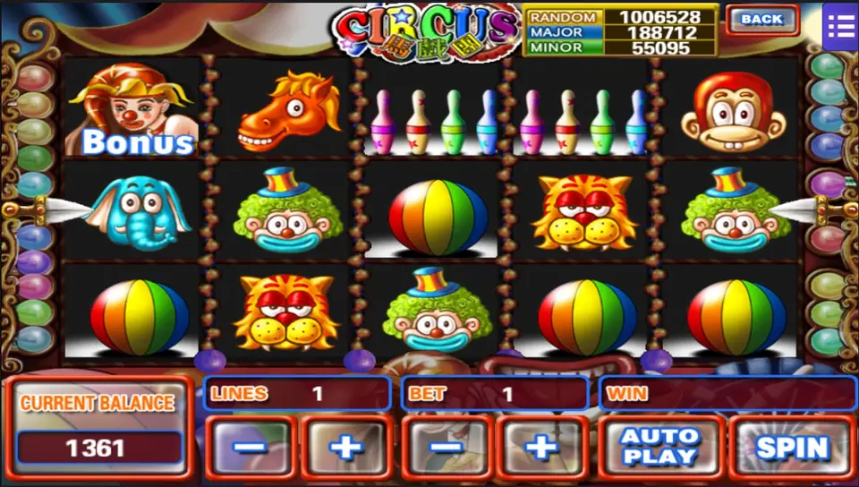 Circus slot with a clown girl Bonus symbol, a horse, skittles, an elephant, green-haired clowns, a tiger and striped beach balls, set to 1 line and bet 1