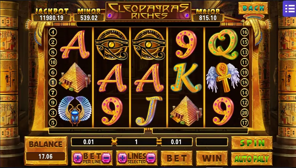 Cleopatras Riches slot with gold card letters, Eye of Horus, pyramid and scarab symbols between painted temple columns, with JACKPOT, MINOR and MAJOR boxes