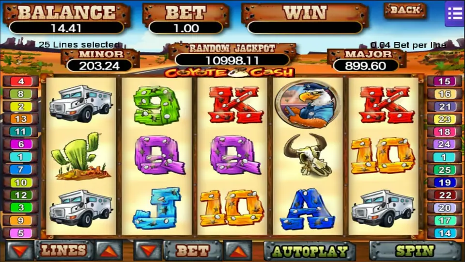 Coyote Cash slot with an armoured van, a cactus, an eagle in a police cap, a cow skull and bullet-marked card letters, 25 lines at 0.04 per line and a Random Jackpot of 10998.11