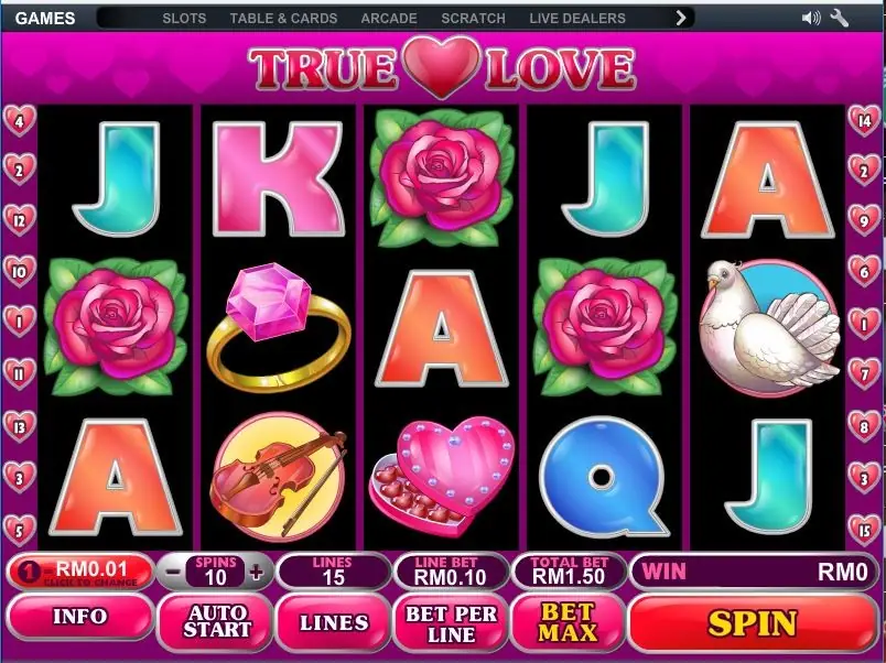 True Love slot with pink and blue card letters, roses, a heart-shaped box, a ring, a violin and a white dove on five reels, 15 lines and a RM1.50 total bet