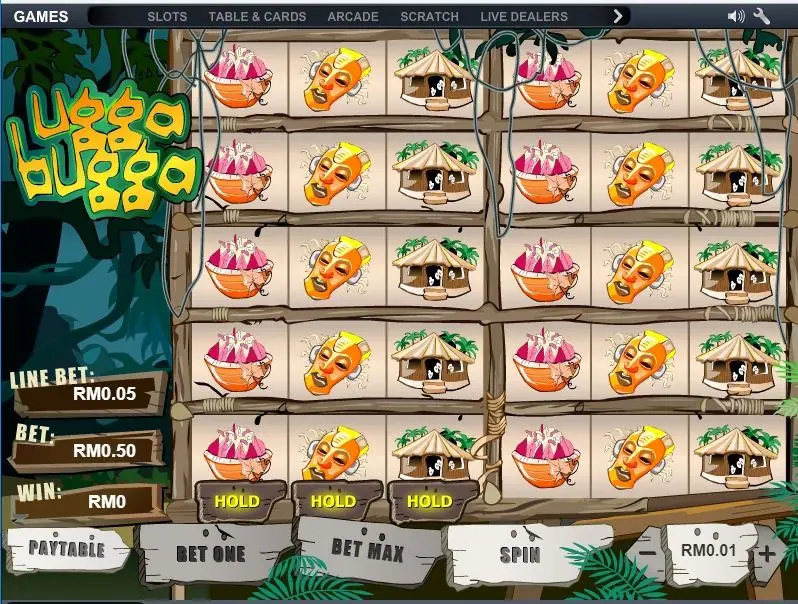 Ugga Bugga with ten rows of three reels in a wooden jungle frame, all showing the same fruit bowl, tribal mask and straw hut, HOLD tags under the first set and a RM0.50 bet