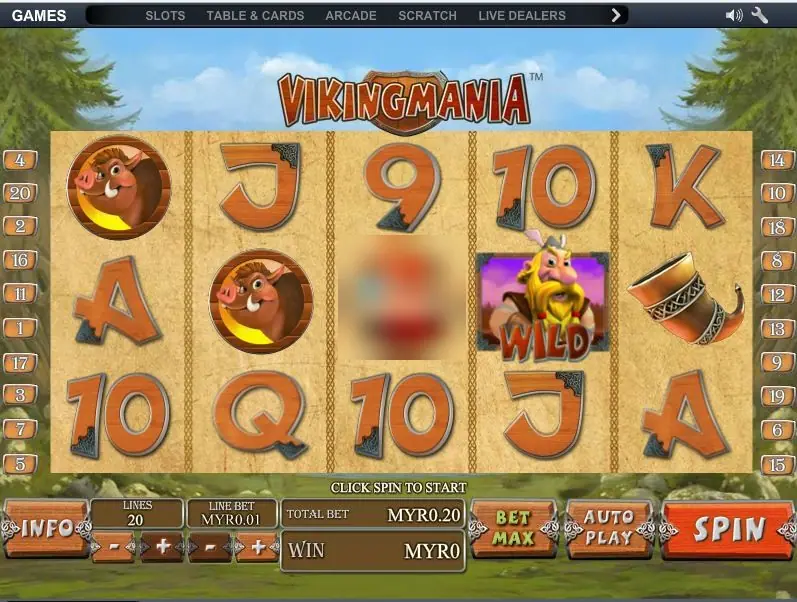 Viking Mania reels with wooden card letters, boar shields, a drinking horn and a blond Viking WILD, with 20 lines and a total bet of MYR0.20