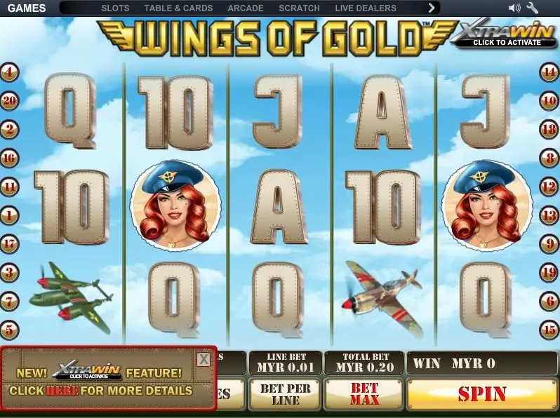 Wings of Gold slot with riveted metal card letters on a blue sky, two pilot portraits in blue caps, two propeller planes, and a pop-up about the new Xtra Win feature