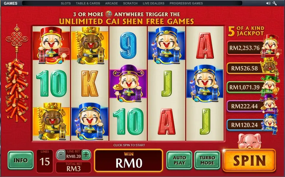 Wu Lu Cai Shen with the banner 3 OR MORE ANYWHERE TRIGGER THE UNLIMITED CAI SHEN FREE GAMES and jackpot boxes from RM2,253.76 to RM120.24