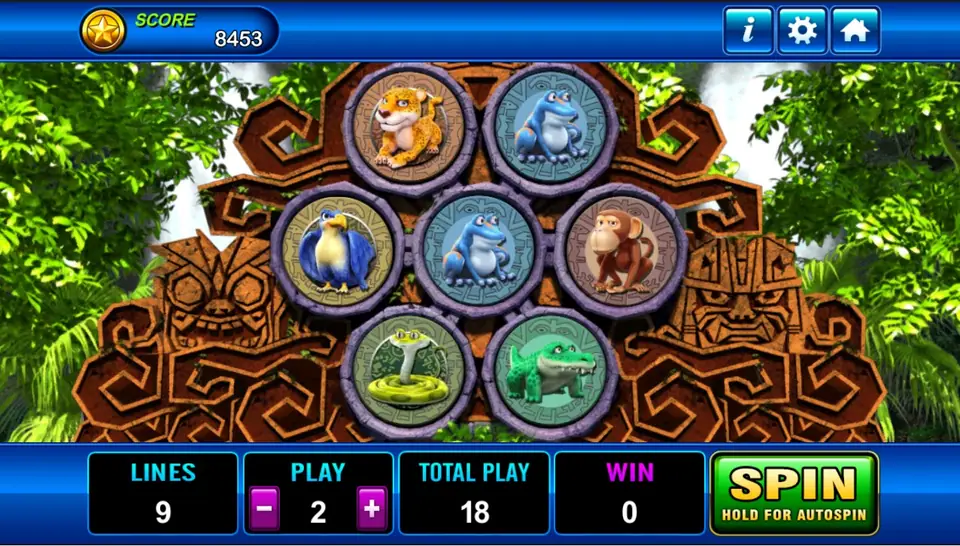 Amazon Jungle with seven round symbol slots in a honeycomb on a carved temple: a jaguar, two frogs, a blue parrot, a monkey, a snake and a crocodile, with tiki faces either side