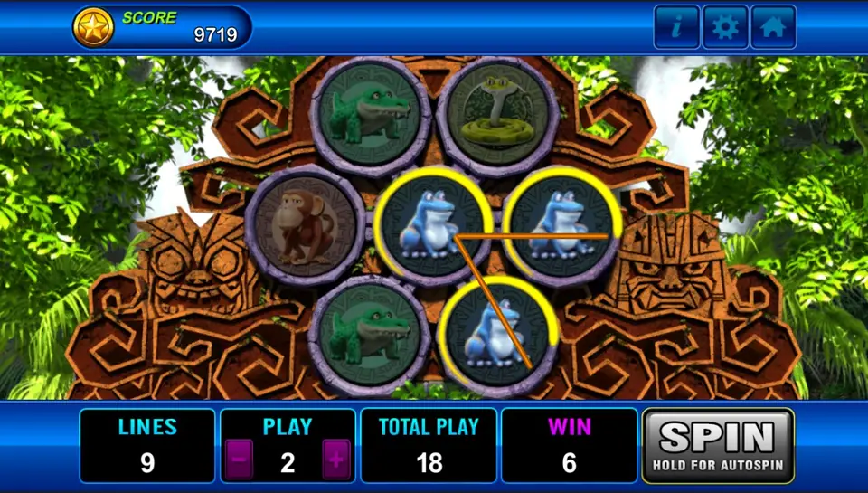 Amazon Jungle win with three blue frogs circled in yellow and joined by an orange line, and a WIN of 6