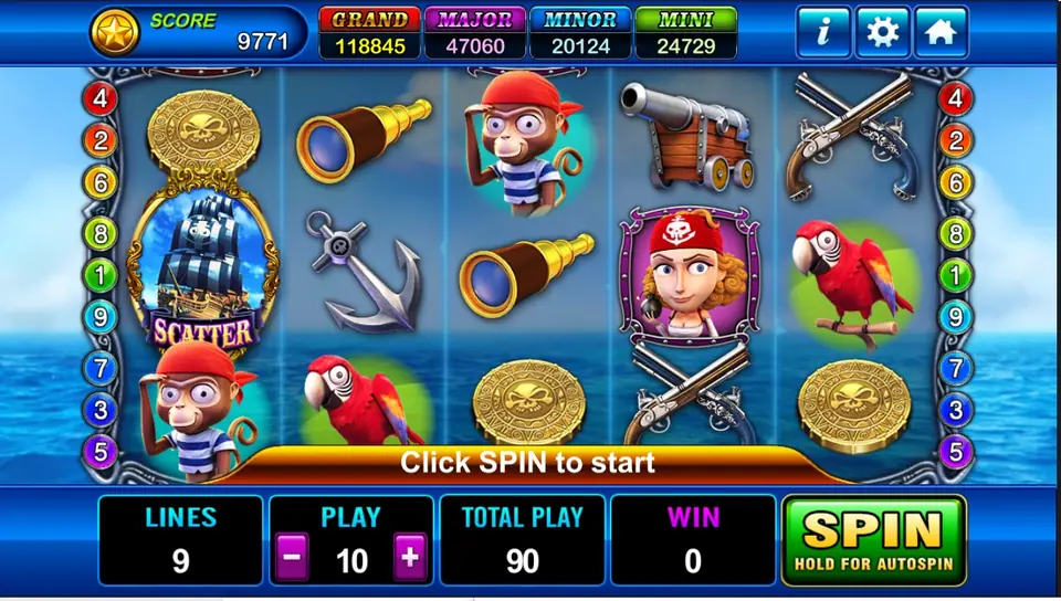 Captain Roger reels at sea with a galleon SCATTER, gold skull coins, a spyglass, a monkey in a bandana, a cannon, crossed pistols, an anchor, a red parrot and a female pirate, 9 lines at a bet of 10