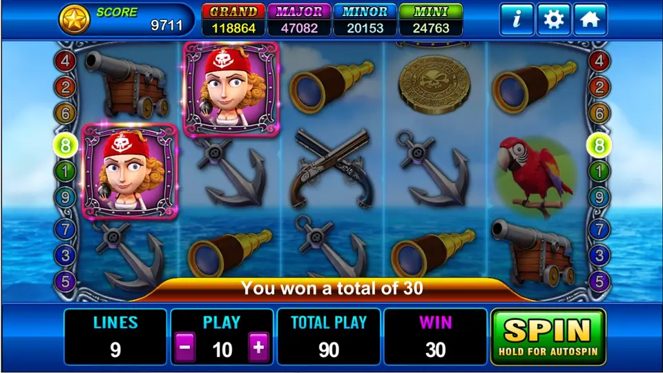 Captain Roger win with two female pirate symbols framed on line 8 and the message You won a total of 30