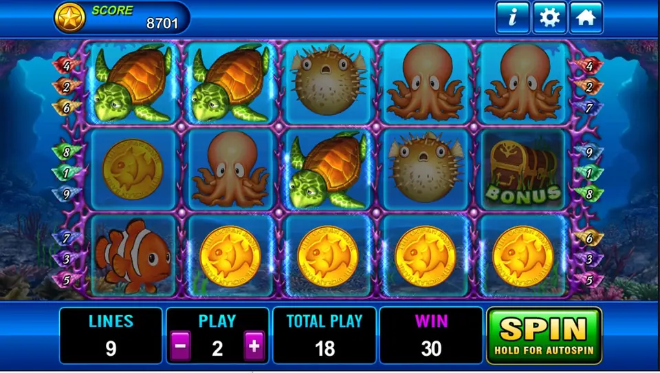Dolphin win with four gold coins along the bottom row, turtles and octopuses above and a WIN of 30