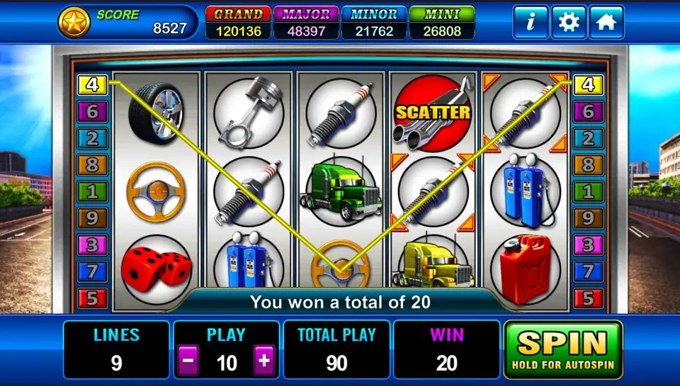 Highroad King win with a yellow V-shaped line 4 ending in two spark plugs on the right-hand reels and the message You won a total of 20