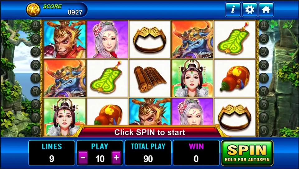 Monkey King reels with the Monkey King, a blue bull demon, two heroines, a golden headband, a green gourd and a bamboo scroll, 9 lines at a bet of 10